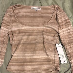 Madden Girl Tan & Cream Striped Scoop Neck Long Sleeve Top